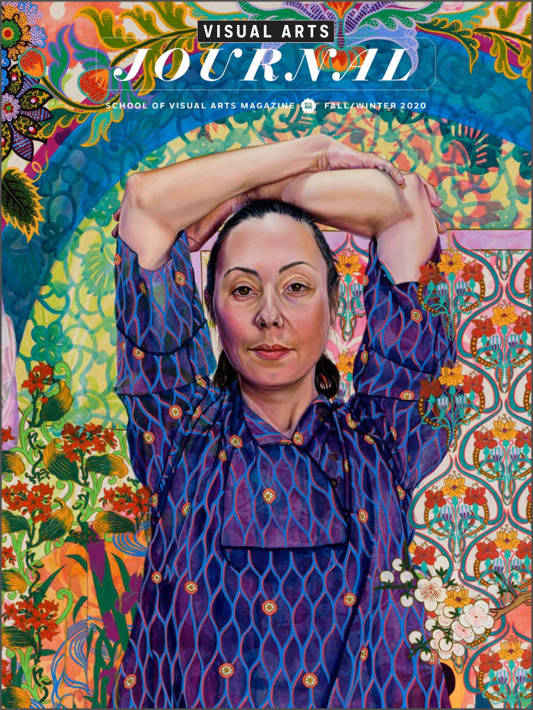 A magazine cover featuring a painting of a woman looking at the viewer and holding her arms folded above her head. She is surrounded by several colorful motifs.