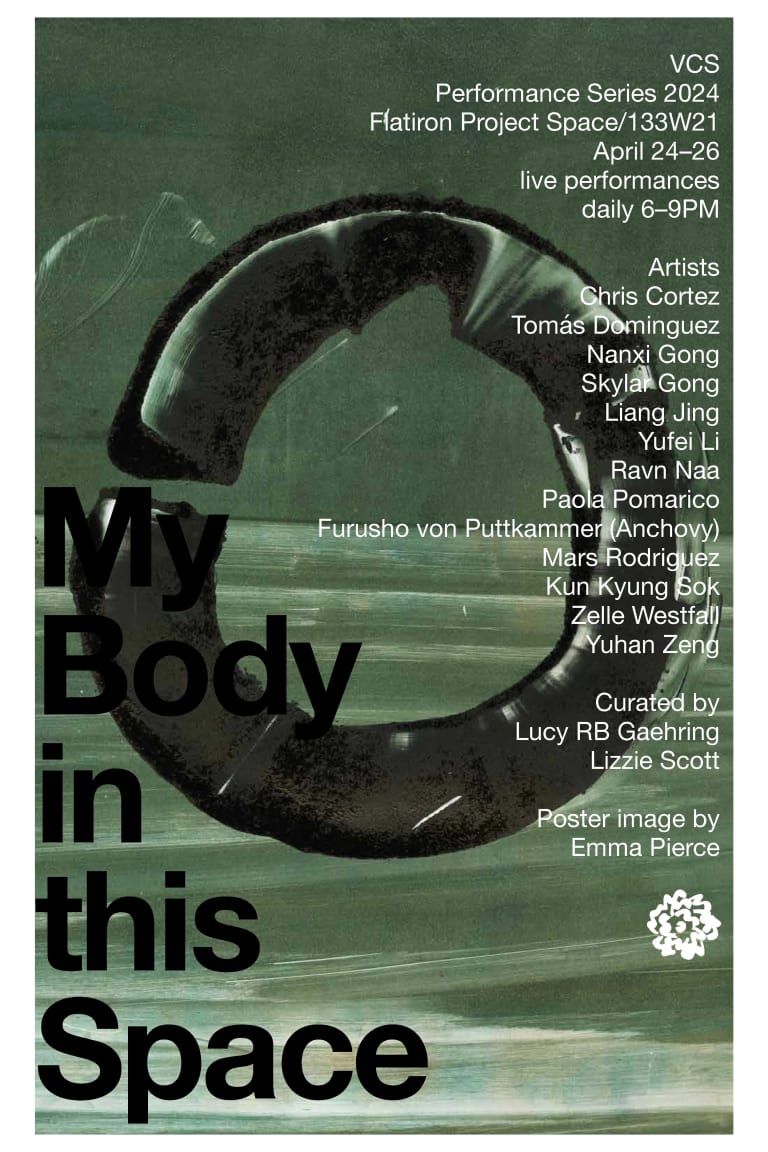 Poster for performance series showing the day, time and artists involved. There is an image of a black circle on a green background behind the words.