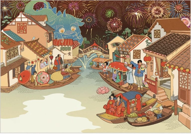 Illustration with a style reminiscent of traditional Chinese paintings, depicting a Chinese town celebrating new year's over a river, with fireworks in the sky and a big dragon looking down on them.