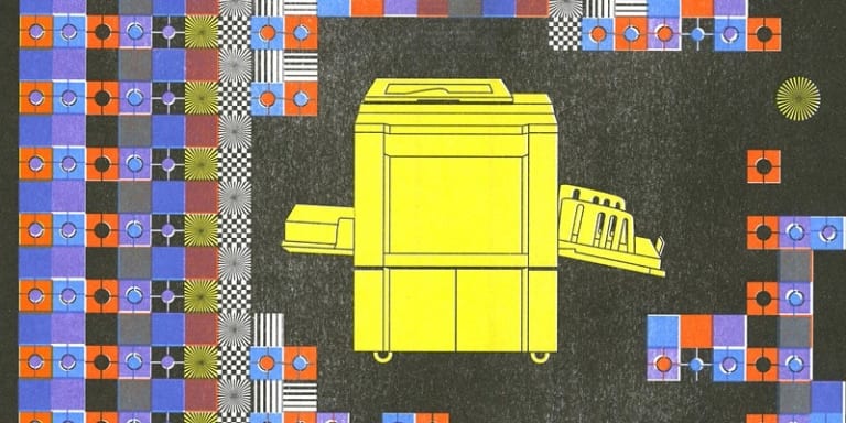 A Risograph print of a simple illustration of a yellow office copy machine surrounded by a design of colorful dots within squares.