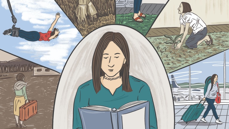 illustration of a person reading and book and various small frames in an arch with an illustration of that person engaged in various activities