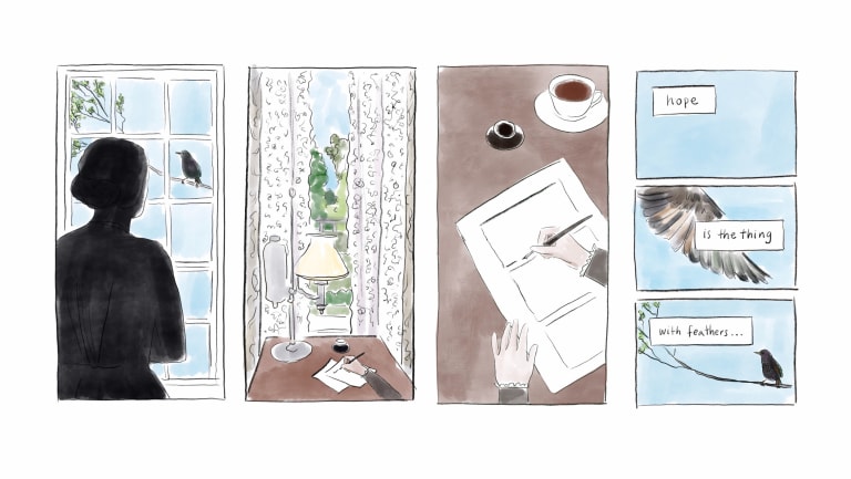 comic with three panels of person looking out window then writing on a paper.