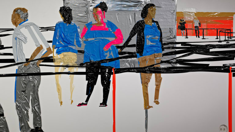 image created with colored tape of people standing on line