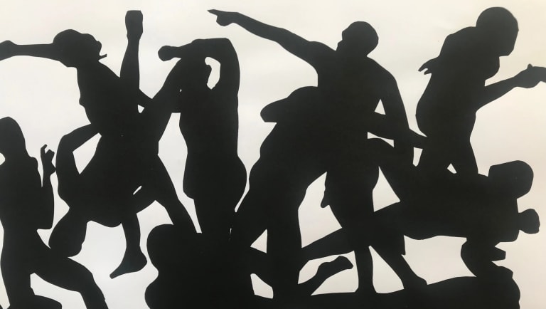 Black silhouettes of bodies in different poses over a white background.