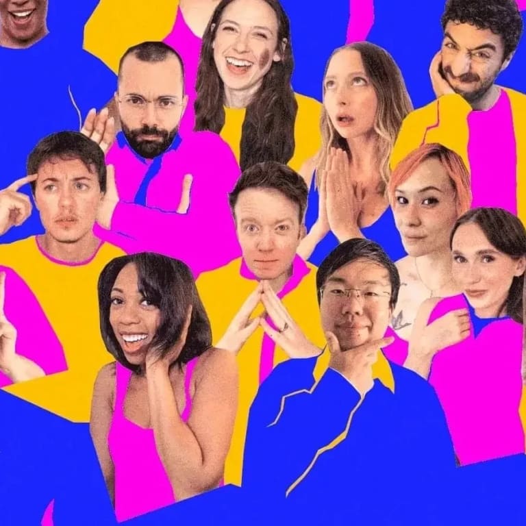 A blue, yellow and pink collage cutout image of dozens of comedians smiling and posing.