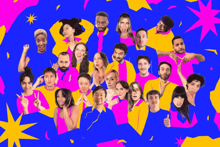 A blue, yellow and pink collage cutout image of dozens of comedians smiling and posing.