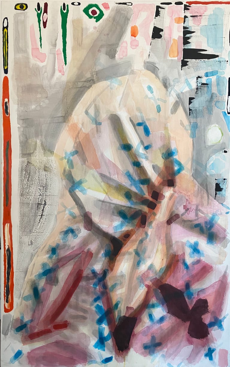 A multicolored abstract painting in mixed media on canvas, dimensions 90 by 60 inches, with areas of light gray at top left, light blue at top right, a vague form like ahead and shoulders in white and light purple in the center, and mysterious letter-like shapes over the form. 