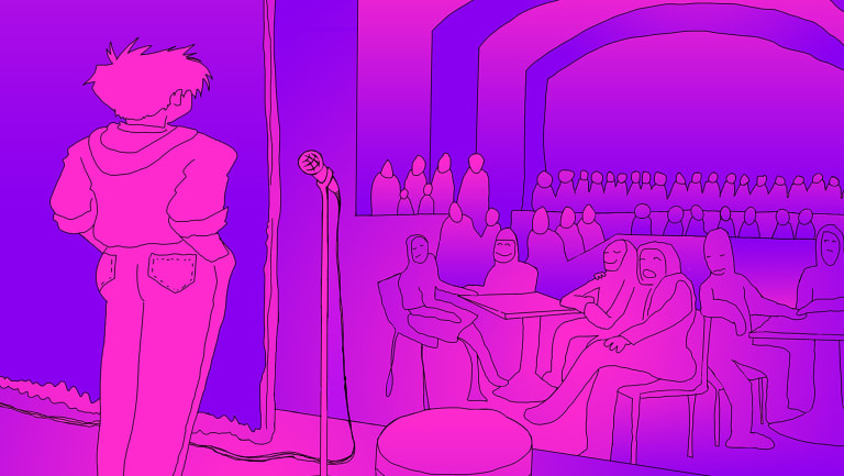 person standing in front of a crowd.  Purple and pink illustration.