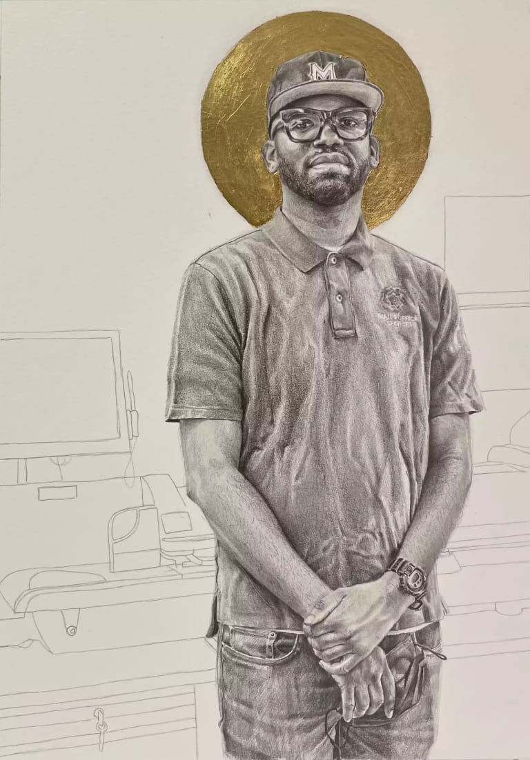 Small drawing on white paper of a young African American man named Alex. Alex wears a cap and glasses and stands with his hands clasped in front of his body. Alex has a gold leaf halo behind him.