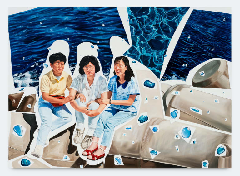 Image of painting by Ji Woo Kim of 3 people cut out and sitting in front of a body of water with droplets scattered around.