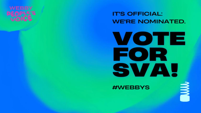 An ombre graphic with undulating blue and green organic circle-like shapes that reads: Webby People’s Voice. It’s Official: We’re Nominated. Vote for SVA!