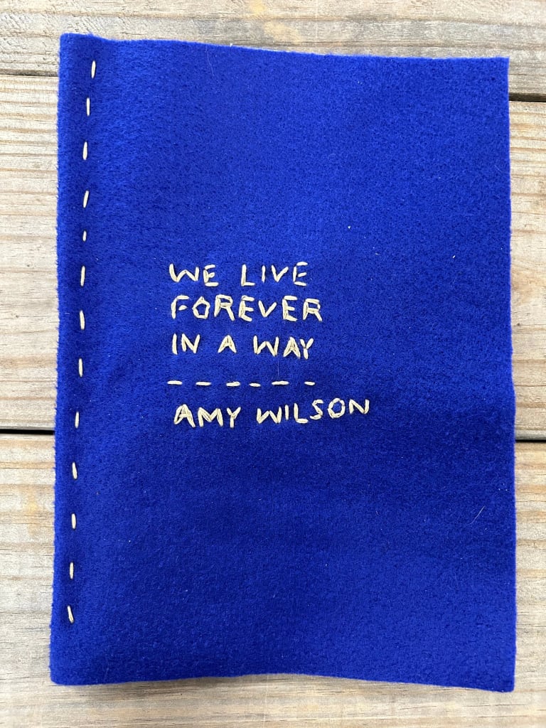 A handmade art book with a blue felt cover and the title “we live forever in a way - Amy Wilson” stitched into it in white thread