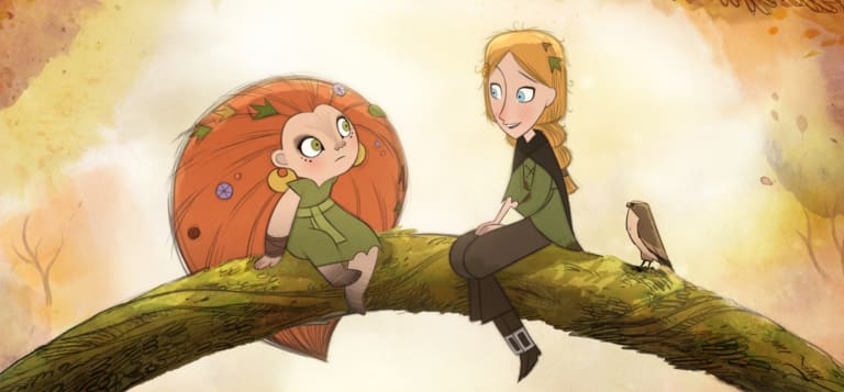 Two main characters from wolf walkers look at each other smiling while sitting on a large tree branch
