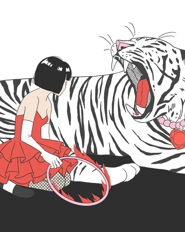 Illustration of a figure in a red dress kneeling beside a white tiger.