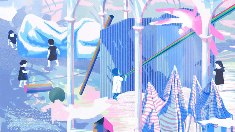 Illustration of an abstracted landscape with tents and arches, and children playing in hues of blue and pink.