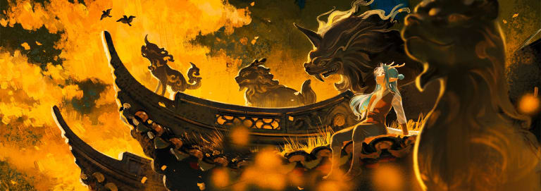 In this scene, a blue-haired dragon boy sits on the curved rooftop of a traditional Chinese building. His long, turquoise hair flows behind him, and dragon-like antlers sprout from his head. Around him, the roof is decorated with stone statues of Chinese mythical creatures. One stone Qilin is chasing two birds flying overhead. The golden glow paints everything in a soft, dreamlike hue. The boy gazes into the distance, surrounded by the protective presence of these ancient creatures.