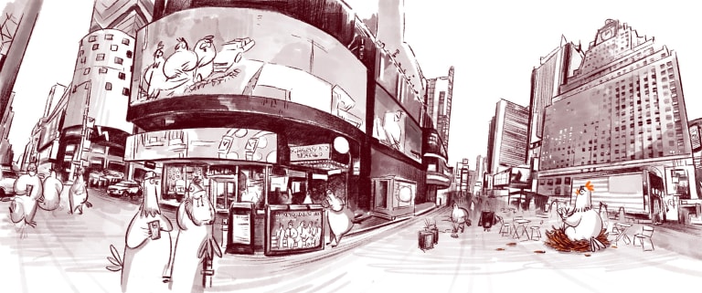 A landscape drawing in brown tones.  It features a chicken sitting in the middle of Times Square.