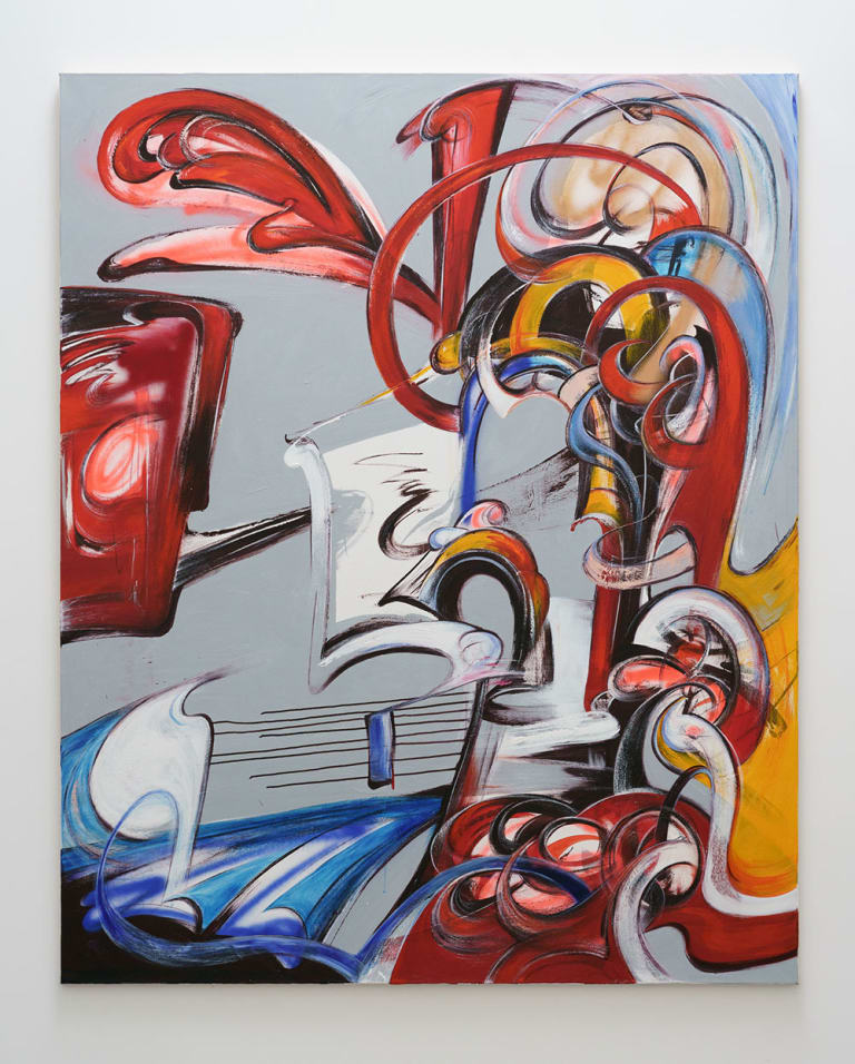 Abstract painting with flowing forms in red, blue, white, and yellow over a neutral gray background. Most of the shapes have a rounded, vaguely fluid appearance.