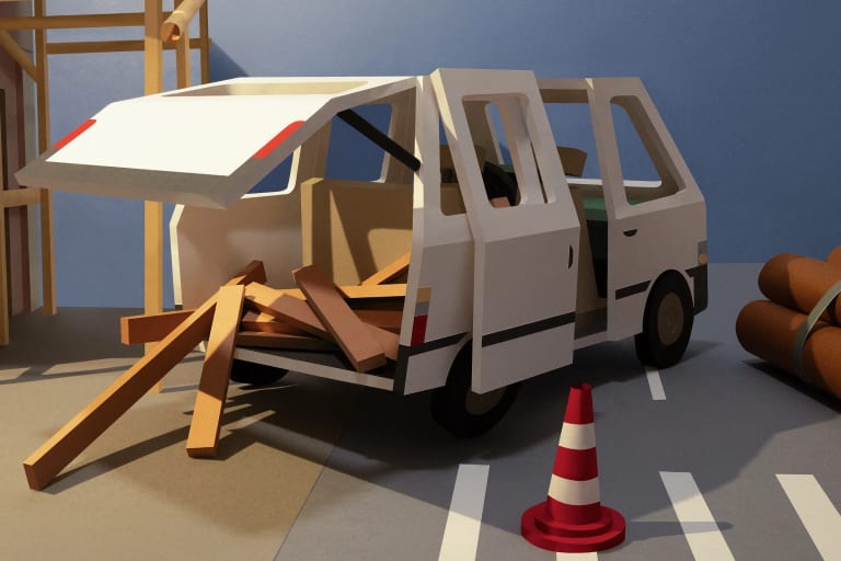 a white van on a street, with an open trunk and lumber spilling from the back. The entire scene is made of paper.