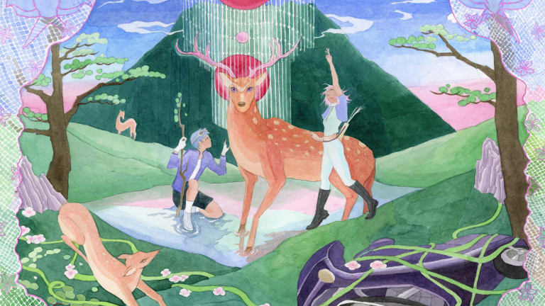 A fantastical scene with a deer in the center looking at the viewer, surrounded by two human figures in futuristic clothing, against a lush green mountain backdrop.