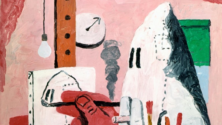 Here is a painting by Philip Guston, featuring a hooded figure smoking a cigarette, painting a self-portrait.