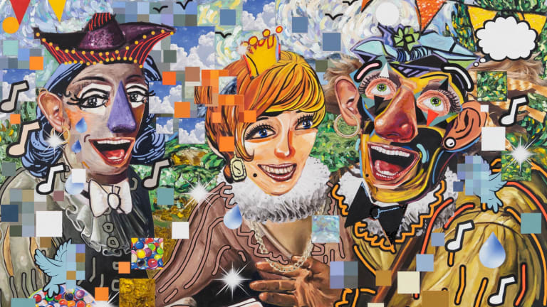 Painting of three people playing a card game with flowers, gumball machines, chalices, and squares collaged throughout.