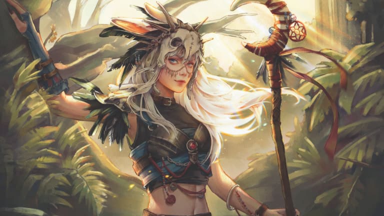 A young woman illustrated with white hair holding a staff with a crescent moon on the end, surrounded by trees and nature.