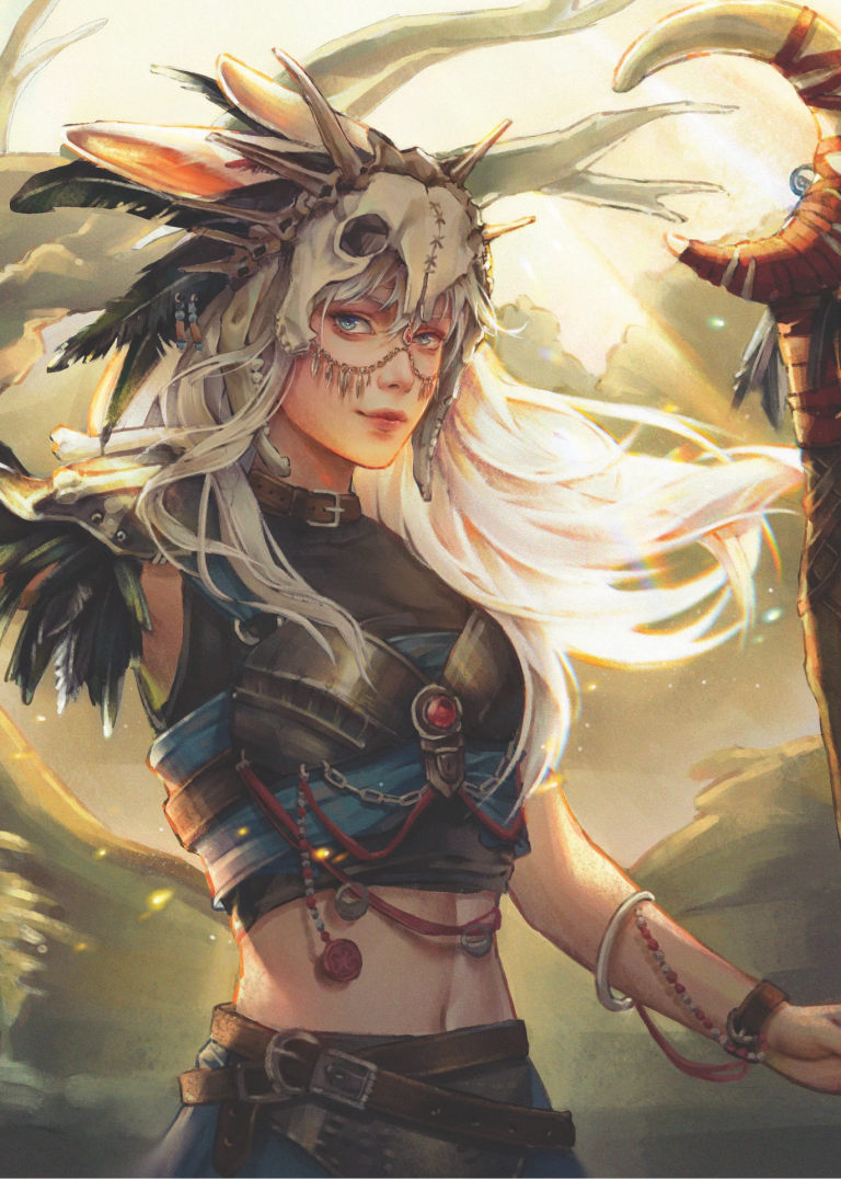 A young woman with white hair holding a staff with a crescent moon on the end, surrounded by trees and nature.