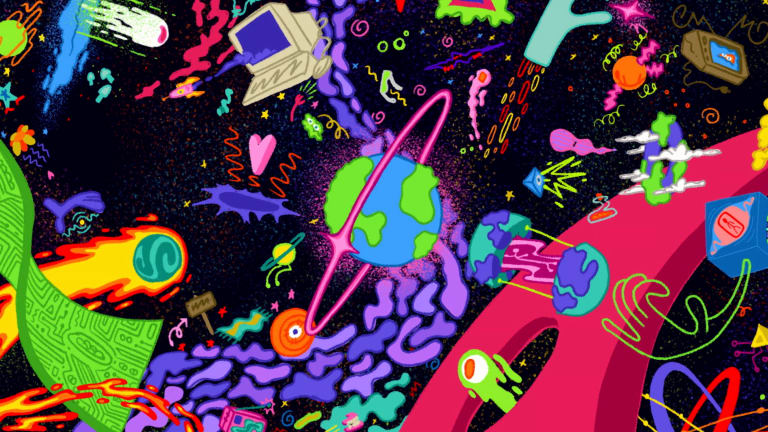 The earth, brightly illustrated, with a pink ring around it and a series of other wacky things happening around it.