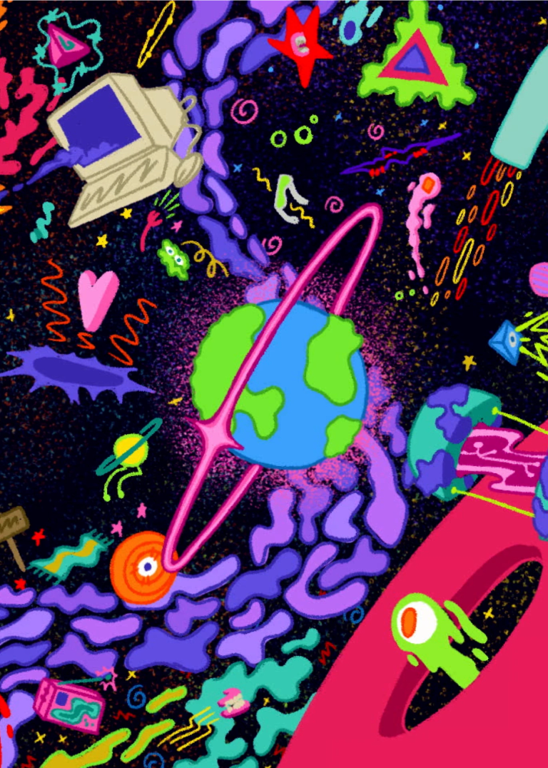 The earth, brightly illustrated, with a pink ring around it and a series of other wacky things happening around it.