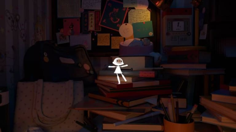 An animation still, featuring a small glowing white figure standing on a stack of books on a very cluttered desk.