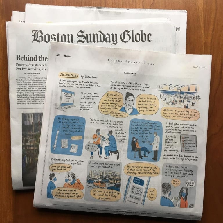 A photo of The Boston Globe, open to an illustrated interview about vaccines in the form of a comic strip by Sarah Shaw.