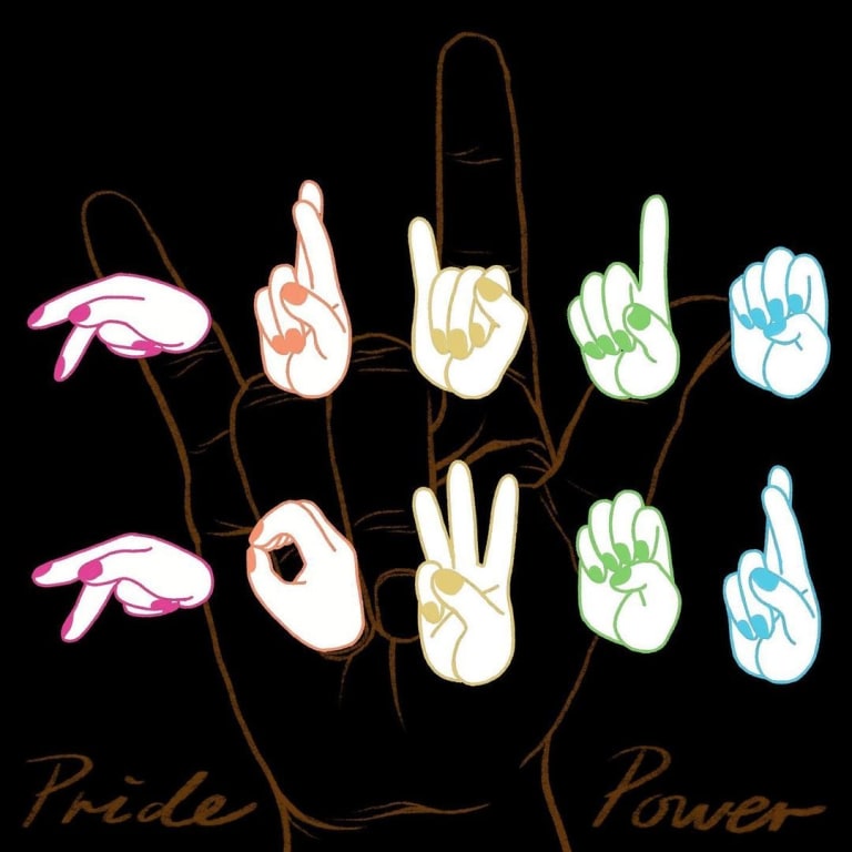 Illustration of 10 rainbow-colored hands lined up in two rows of 5, writing out the phrase "Pride Power" in sign language. The background is black with a light illustration of a hand doing the sign for "I love you"