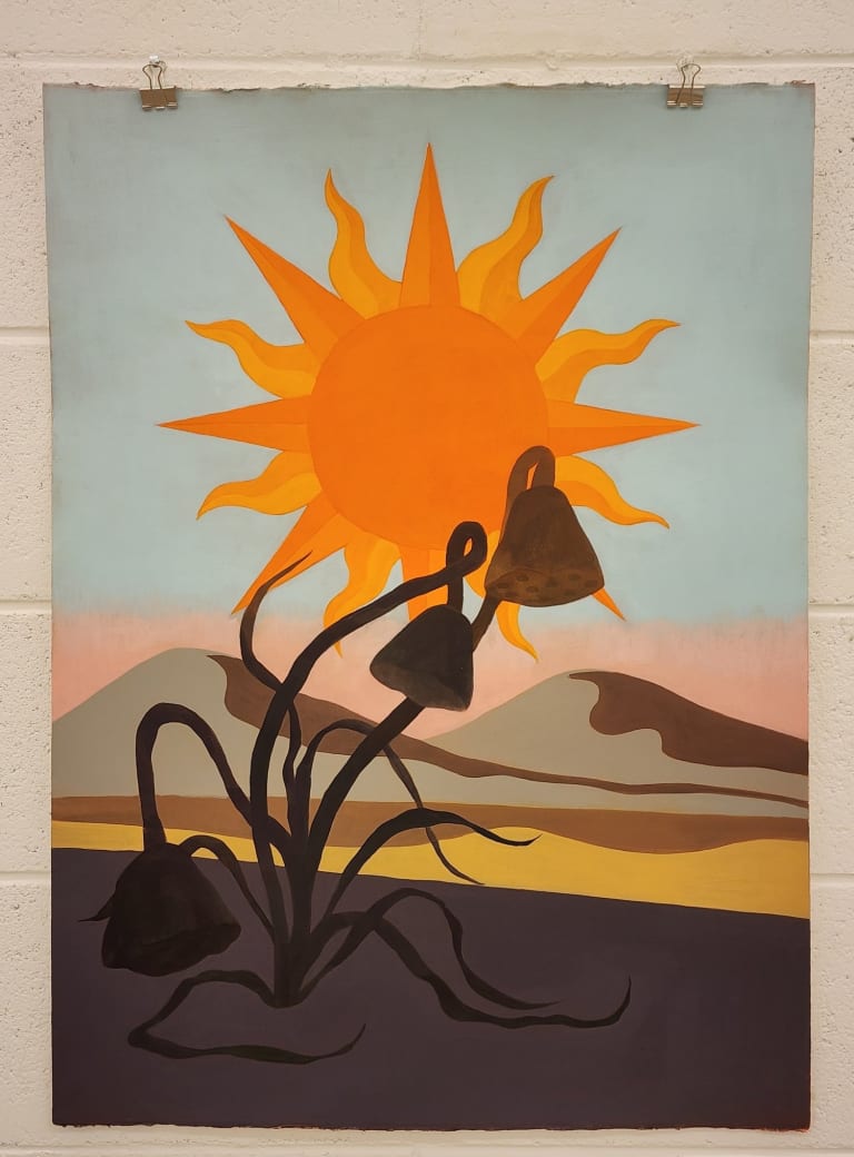A painting of a dark, dead flower in the foreground. In the background is a bright orange sun hanging over a desert.