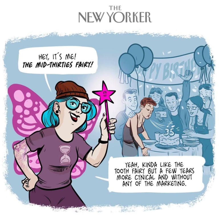 A New Yorker comic featuring a character with blue hair, a beanie, graphic tee, wings and a wand, called "the mid-thirties fairy"
