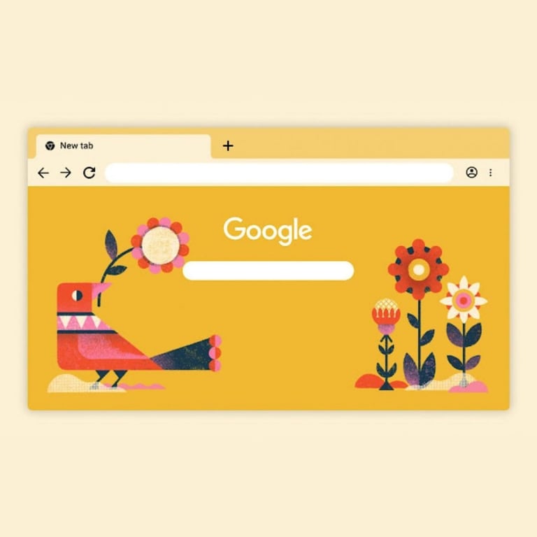 A Google browser in golden yellow with illustrations of a pink bird holding a flower and other flowers growing out of the ground next to it