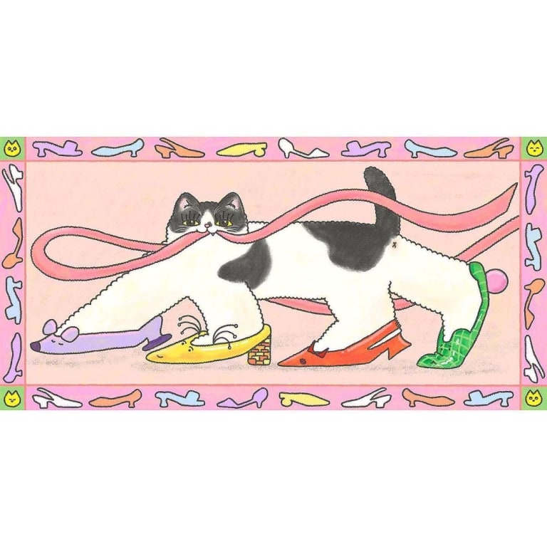 An illustration of a black and white cat walking in a set of multicolored heels with a ribbon in its mouth.
