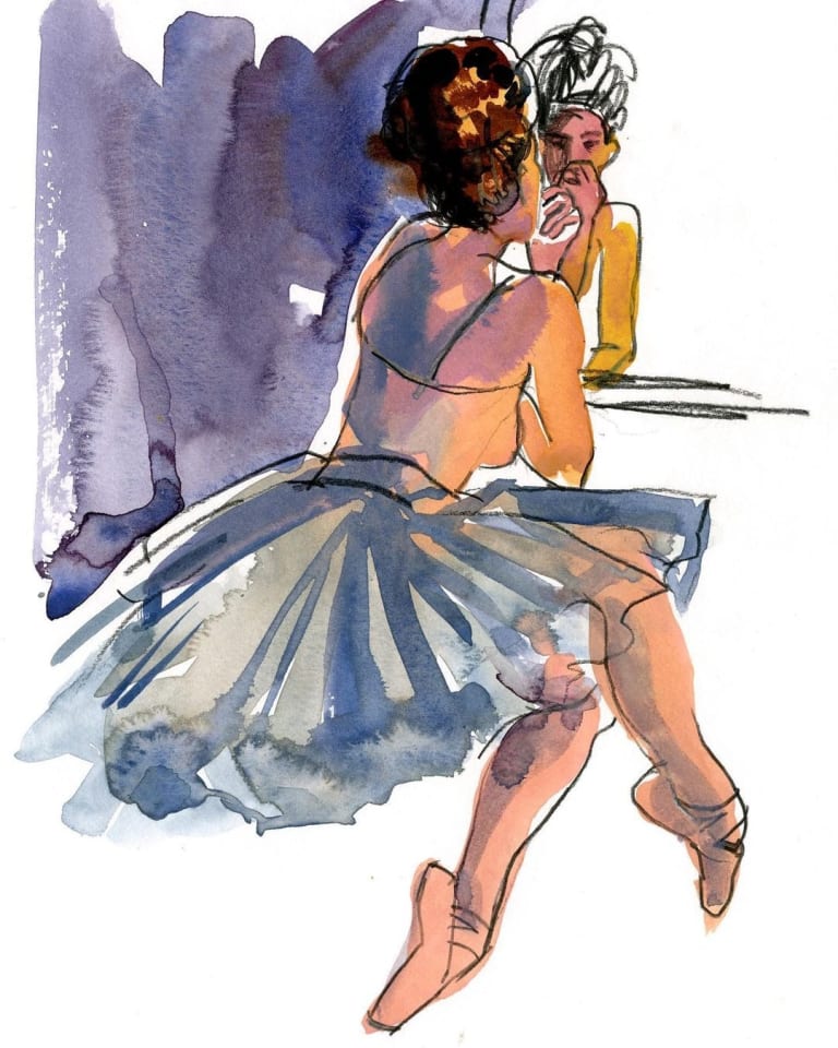 A watercolor sketch of a ballerina looking at herself in the mirror.