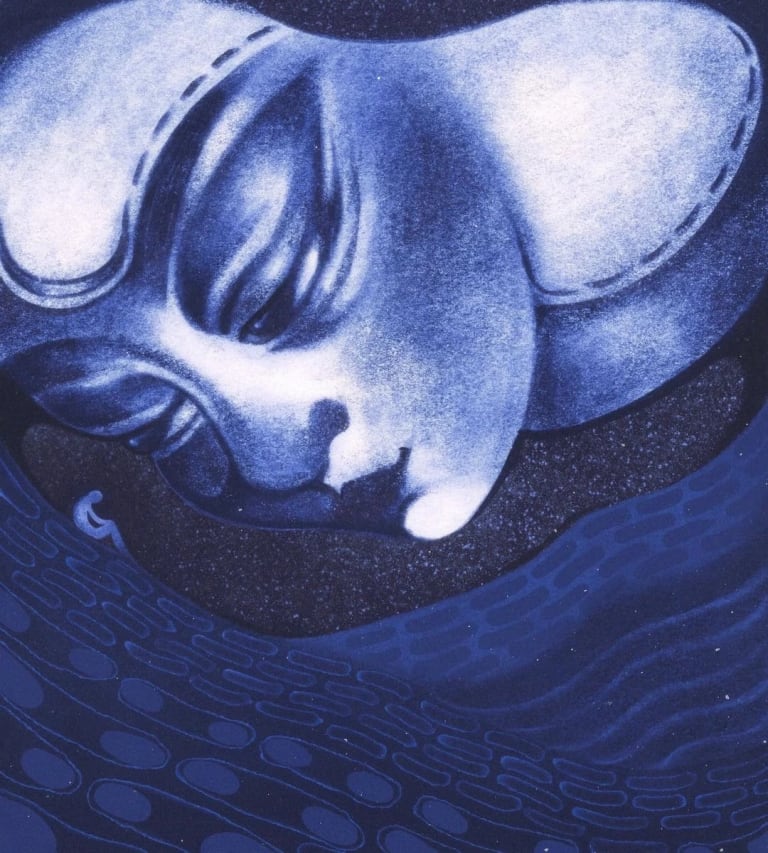 A illustration of a woman's face looking down. The entire drawing is done in shades of blue.