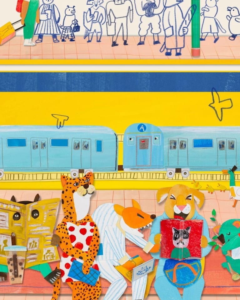 A colorful illustration of various waiting for the train, sitting on a bench on the train platform