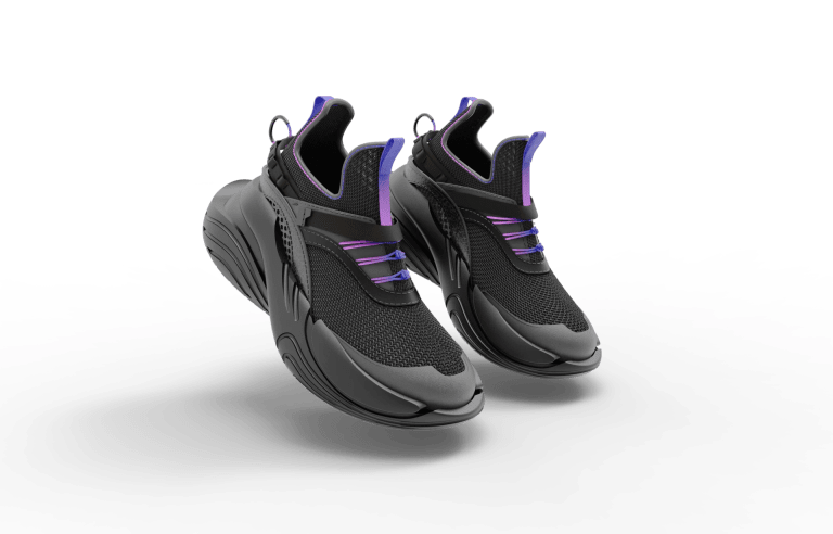 a pair of black shoes with purple laces floating against a black background 
