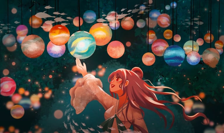 Animated image of a female-presenting person looking up at a bunch of colorful, planet-like orbs handing from above and reaching for one happily. The backdrop is swirling and galaxy-like.