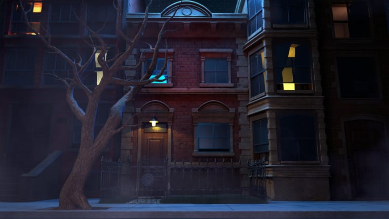 Animated rendering of the front of a 2-story apartment building on a dark street. A couple of lights are on inside. A bare tree stands in front of the apartment.
