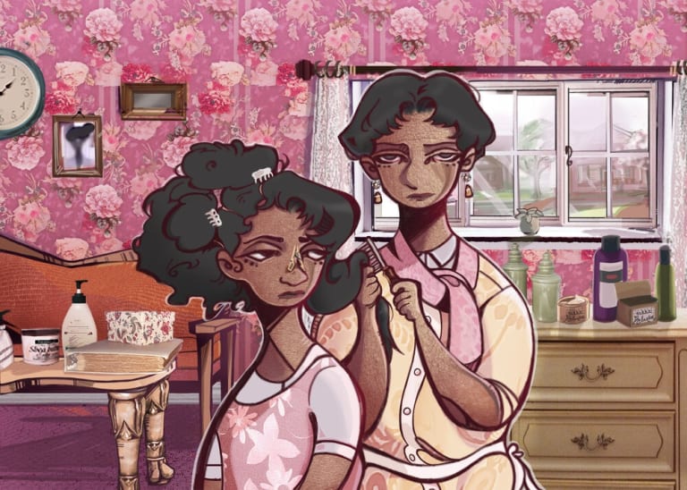 Illustration of two women with very bored looking facial expressions. One is doing the other's hair. The room they are in has pink floral wall paper, white windows and wooden furniture.
