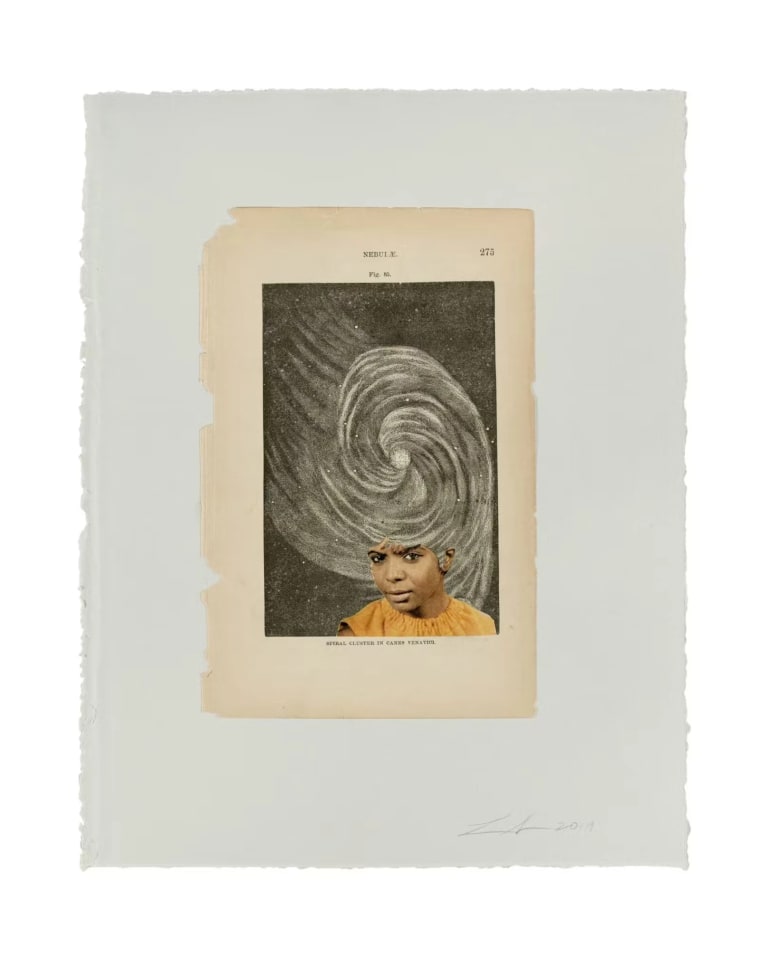 A piece of white paper with a torn-out book page on top of it with a collaged photo of a woman and black and white swirl