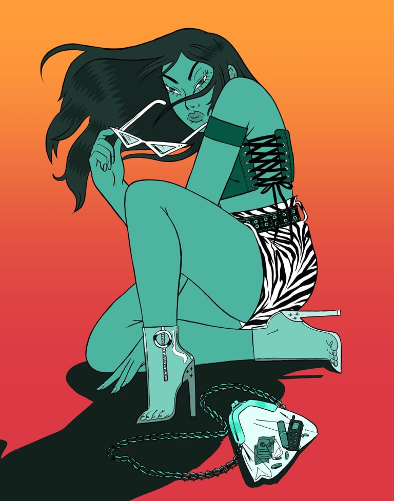 Illustration of a woman with teal-colored skin sitting with one leg under her and one leg bent in front of her. Her long black hair is blowing to her right as she removes stylish white sunglasses from her face and glares forward.