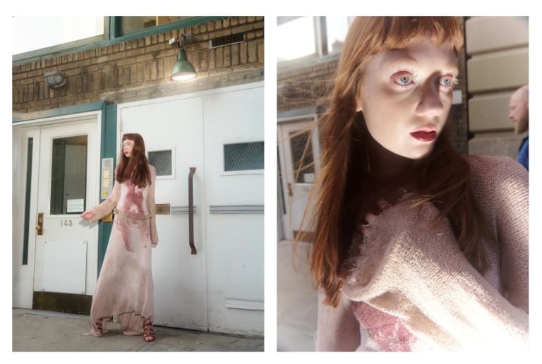 Two photos of a model in a pink dress with a white set of doors behind her