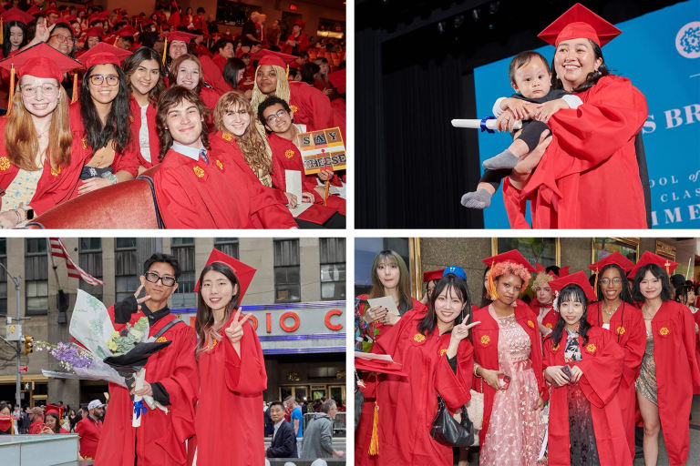 A grid of four photos each depicting students from SVA in red graduation robes and caps celebrating during the 2023 commencement ceremony.