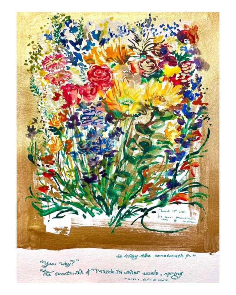 Watercolor painting of a flower bouquet in all colors, featuring a variety of flowers, framed by a painted gold border.