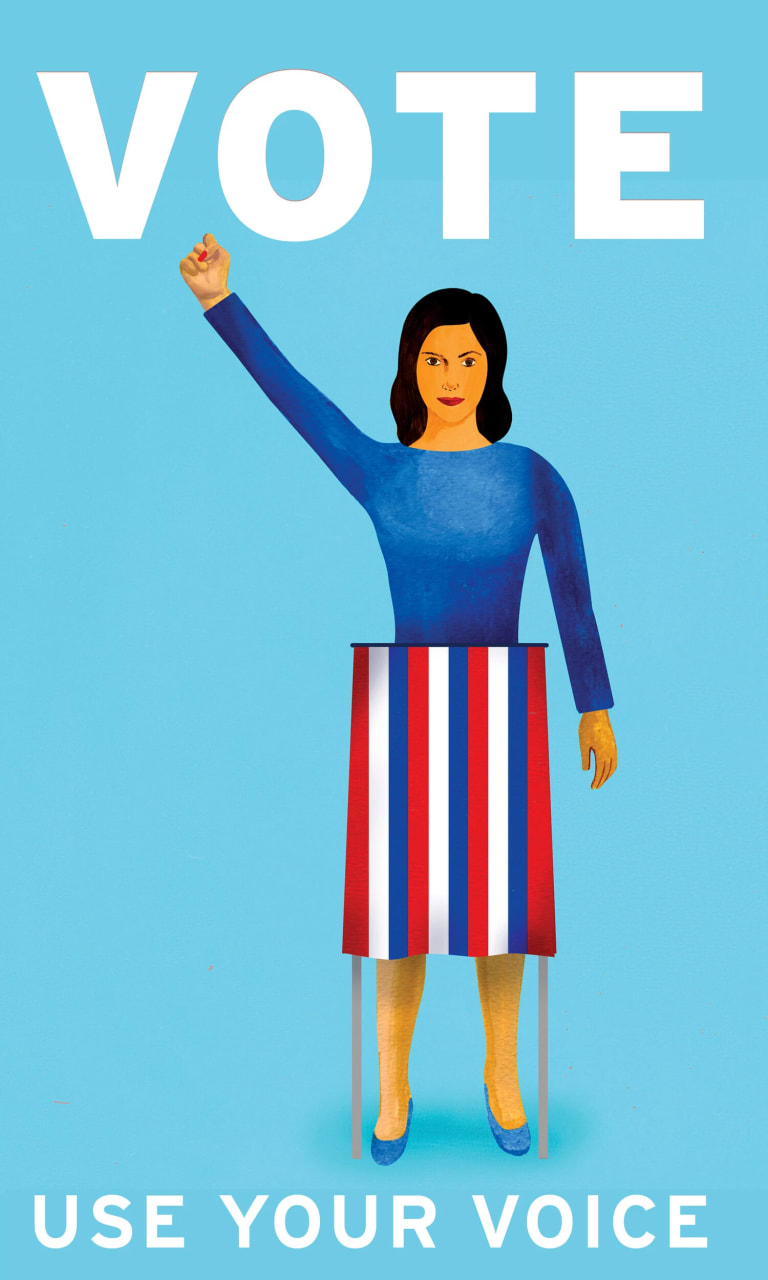 a digital illustration of a woman raising her fist and the word "vote" above her